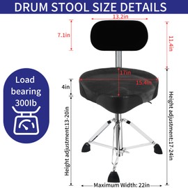 AKLOT Saddle Drum Throne with Backrest,Hydraulic Drum Throne, Heavy Duty Drum Seat, Height Adjustable Suede Drum Chair, Motorcycle Style Drum Stool for Adults Drummers Grey