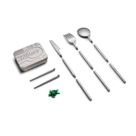 Outlery Full Set Portable and Reusable Stainless Steel Travel Cutlery Set with Reusable Chopsticks in Tin Case - Compact Travel Cutlery Set for Camping, Picnic, Office, and On-The-Go, Raw Silver