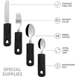 Extra Wide Handles Easy Grip Cutlery Set, Chunky Handles, Corfort Grips Disability Ideal Dining aid for Elderly Disabled Arthritis Parkinson's Disease Tremors Sufferers (4PCS Black)