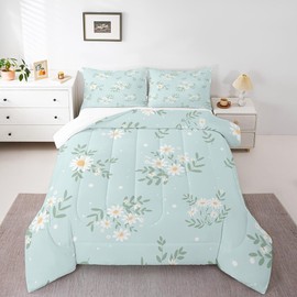 Manfei White Daisy Comforter Set Full Size, Green Leaves Quilt Set with 2 Pillowcases, Botanical Garden Artwork Bedding Set 3pcs for Kids Boys Girls Bedroom Decor Lightweight Duvet Insert