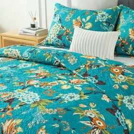 ENASAL Cotton Bedspread Quilt Sets Reversible Bedding Coverlet Sets Comforter, Vintage Floral with Peacock Pastoral Turquoise Bedspread, King Size