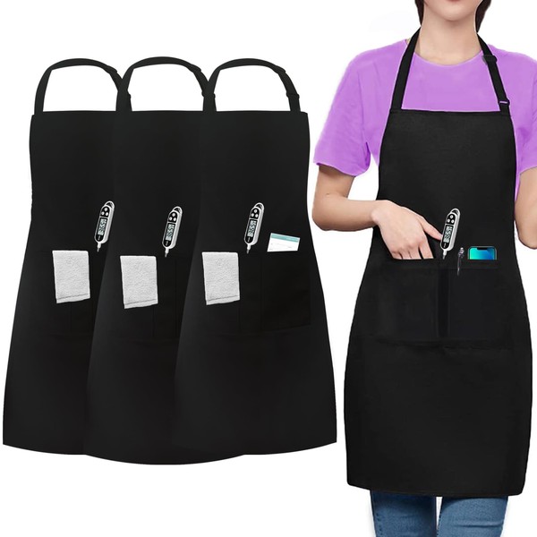 umboom Pack of 3 Black Aprons, Waterproof Chef Apron, Adjustable Kitchen Apron with 3 Pockets for Men Women, Work Apron for Waitress, Barbecue, Restaurant, Garden, Baking, Painting