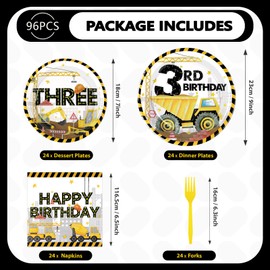 96 Pcs Construction 3rd Birthday Party Supplies Construction Plates Napkins Forks Tableware Set Excavator 3rd Birthday Decorations for Boys Dump Truck Theme 3 Year Old Birthday Decorations Serves 24