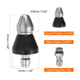 HARFINGTON 2pcs Pressure Washer Sewer Nozzle 1/4" Quick Connect 5000 PSI Stainless Steel Drain Blaster Rotating Button Nose Fixed Cleaning Water Hoses Jet for Drain Cleaning Hose