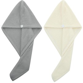 2PCS Microfiber Hair Towel - Super Absorbent Hair Turbans for Wet Hair- Anti Frizz Head Towels Wrap - Drying Towels with Button for Long Curly and Thick Hair (Grey + White)