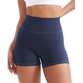 YEOREO - Pantalones cortos de entrenamiento con bolsillo para mujer, cintura alta de 3.6 pulgadas, pantalones cortos de yoga y gimnasio, marino, Large