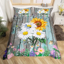 Feelyou Daisy Duvet Cover Bedding Set Sunflower Botanical Floral Butterfly Comforter Cover for Boys Girls Children Teens Bedroom Decor Wooden Bedspread Cover Queen Size with 2 Pillow Case