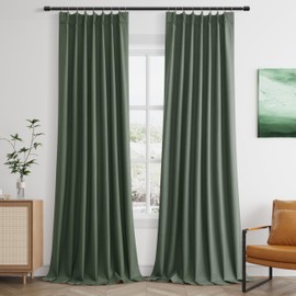 Cortinas opacas de lino verde oliva de 108 pulgadas de largo, juego de 2 paneles para sala de estar, recámara, cortinas plisadas con aislamiento térmico 100% negro con ganchos, oscurecimiento de la