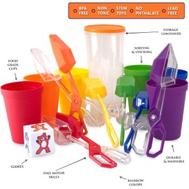 Skoolzy Fine Motor Skills Toys - Color Sorting Toys for Toddlers Tools Set - Sensory Bin Rainbow Cups, Dice and Scoop Tongs for Kids Montessori Materials Ages 3+