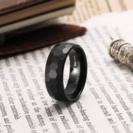King Will Tungsten Carbide Wedding Band for Men - 8mm Black Hexagon Hammered Design Matte Finish Ring for Everyday Wear Comfort Fit 8.5