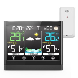 jely Wireless Weather Station with Outdoor Sensor, Thermometer Hygrometer Indoor/Outdoor, VA Colour Display, Weather Stations Indoor and Outdoor Temperature Wireless with Weather Forecast, Humidity, Moon Phase, Time and Date