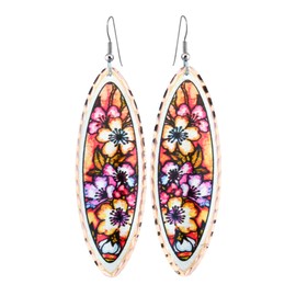 FRONT LINE JEWELRY Blossom Earrings showcase jewelry featuring almond tree blossoms, red flower teardrop earrings, and colorful floral designs.