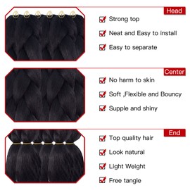 Xtrend 3 Packs 24 Inch Natural Black Jumbo Braiding Hair for Twist Box Braid Hair Kanekalon Braiding Hair High Temperature Synthetic Braiding Hair for Women (3 Packs, 1B#)