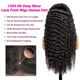 Momaksa 30 Inch Deep Wave Lace Front Wigs Human Hair 13X4 HD Lace Front Wigs Human Hair 200 Density Pre Plucked Glueless Deep Curly Human Hair Wigs For Women With Baby Hair Natural Black