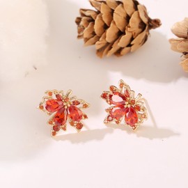 ATIMIGO Orange Maple Leaf CZ Crystal Stud Earrings Delicate and Small Garnet Fall Leaf Cubic Zirconia Gold Stud Earrings for Women Birthday Thanksgiving Accessories Jewelry Gifts
