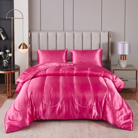 Satin Comforter Set Queen - Silk-Like Hot Pink Alternative Down Comforter, Soft Polyester Filling, Luxury Silky Bedding Set With 1 Comforter and 2 Pillowcases (Queen, Hot Pink)