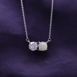 SAVEARTH DIAMONDS 1 1/2CT 6MM Cushion Shape Natural White Opal & 6MM Round Cut Lab Created Moissanite Diamond Toi Et Moi 2 Stone Pendant Necklace In 14K White Gold Over Sterling Silver 18" Chain (1.50 Cttw)