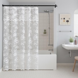 FINECITY White Lace Shower Curtain 72 Inch Length, Rustic Floral Pattern Sheer Lace Shower Curtain with Attached Valance for Bathroom, Reinforce Hole Sheer Shower Curtain, 72 x 72 Inch, 1 Panel, White