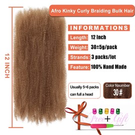 Afro Kinky Curly Synthetic Bulk Hair 12 Inch 3 Packs Marley Twist Hair Bulk for Dreadlock Extensions Spring Afro Twist Hair Bulk for Mini Twist Repair Locs (30#, 12 Inches)