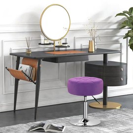 WKWKER Velvet Upholstered Vanity Stool Swivel Adjustable Makeup Stool for Makeup Room Small Round Ottoman for Living Room Makeup Chair for Bedroom SPA Salon Studio (Purple)