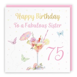 Hunts England - 75th Sister Pink Cocktail And Butterflies Birthday Card - Gold Foil - Milo's Gallery - Age 75 Drinks, Flowers, Hearts Elegant Birthday Card For Sister