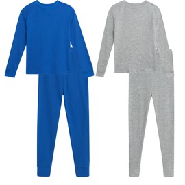 Arctic Hero Boys Thermal Underwear Set - 4 Piece Crewneck Waffle Knit Thermal Shirt Top and Long Johns for Kids (2T-18), Size 8-10, Grey/Royal