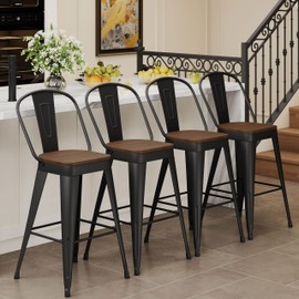 Andeworld Metal Bar Stools Set of 4, 24 inch Counter Height Barstools with Backs Farmhouse Modern High Back Bar Stools with Larger Seat Kitchen Dining Bar Chairs,Matte Black