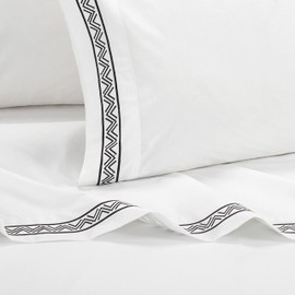 Chic Home Arden 4 Piece Organic Cotton Sheet Set Solid White with Dual Stripe Embroidery Zig-Zag Details – Includes 1 Flat, 1 Fitted Sheet, and 2 Pillowcases, Queen, Black