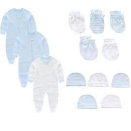 Ecojoy Baby Sleepwear Pack of 3 Newborn Sleepsuit with 5 Hats and Mittens, 0-12 Months Zip Sleep Suit Blue