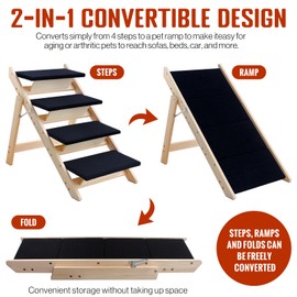 LWTURLOV Wood Dog Stairs/Steps, 2-in-1 Foldable Pet Ramp with Non-Slip Pet Stairs for Small to Medium for Bed,Sofa, Couch, Car,Ladder Up to 110 Pounds Indoor Pet Dog Cat 4 Steps Stairs