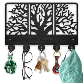 MAYJOYDIY Wooden Tree of Life Key Hooks for Wall 11.8×7.8 inch Tree Branch Wall Mounted Key Rack Botanical Themed Black Art Key Holder with 5 Alloy Hooks for Entryway Bedroom Home Decor