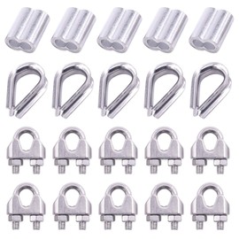 Glarks 24Pcs M8 Wire Rope Cable Clip Clamp with Cable Thimbles Combo and Aluminum Crimping Loop Sleeve Set for Wire Rope Cable Thimbles Rigging (5/16'')