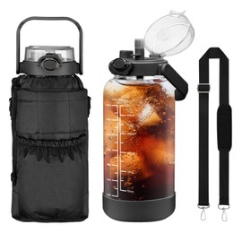 chunmo 64oz Glass Water Bottle with Straw and Sleeve Half Gallon Motivational Water Bottle with Time Marke and Strap 2L Leakproof Borosilicate Reusable Water Jug for Gym Outdoors