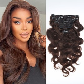 Brown Clip-In Hair Extensions, Real Hair, Wavy Clip-In Hair Extensions for Women, 120 g, 8 Pieces, Invisible and Head-Skin-Friendly Extensions, Made of Real Hair, #2, 18 Inches, 45 cm