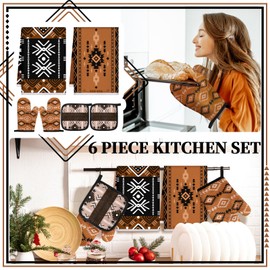 Bencailor 6 Pieces Kitchen Towel Pot Holders Oven Mitts Set 2 Dish Towels 2 Farmhouse Cooking Mittens Oven Glove 2 Potholders for Baking Cooking Grilling Supply Accessories (Brown,Geometric Patterns)