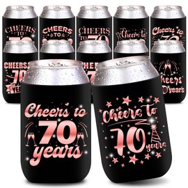 12pcs Can Cooler Sleeves - Rose Gold 70th Birthday Decorations for Women - Beverage Can Cooler Sleeves for Cheers to 70 Years Old Party Supplies Gift