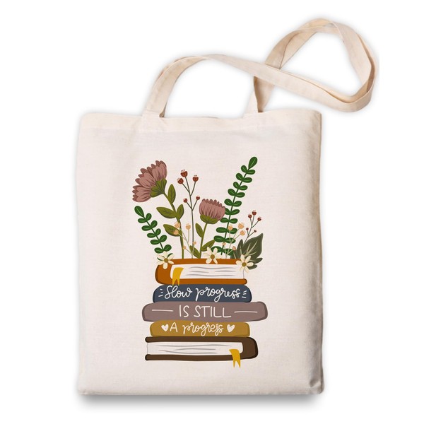 OUZ Aesthetic Floral Books Tote Bag, Flower Canvas Tote Bag