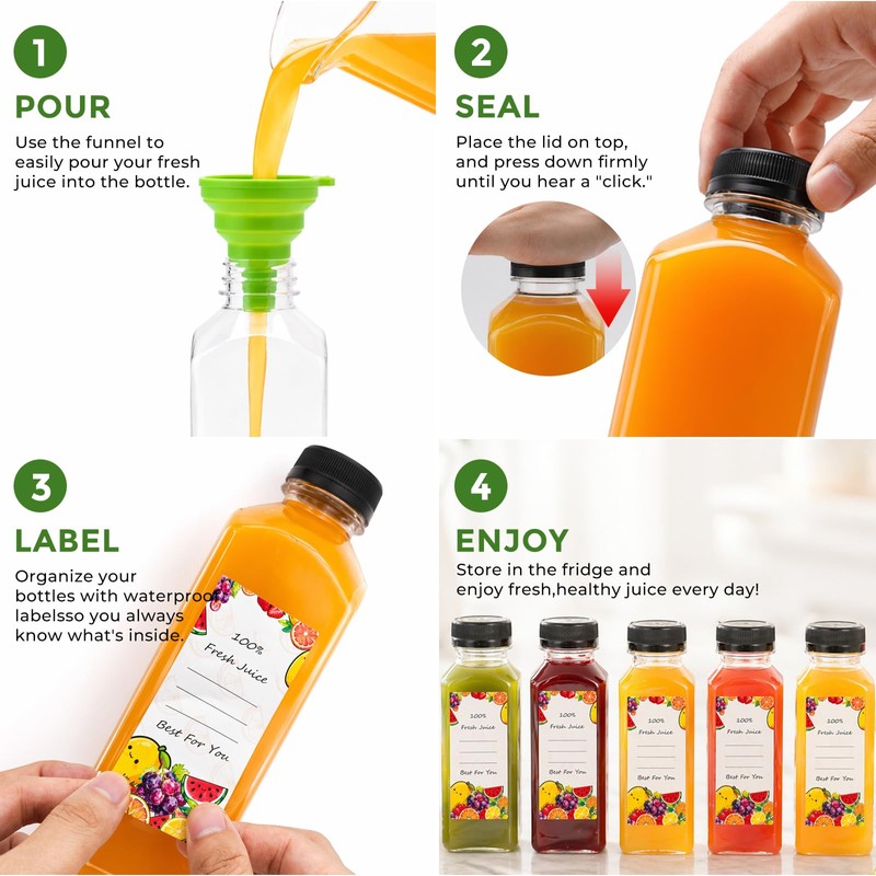 12oz Plastic Juice Bottles with Caps (24 Pack) – Reusable