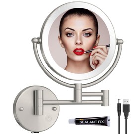 RECKODOR 8 Inch Rechargeable Brass Lighted Magnifying Mirror Wall Mounted, 1X/5X Double-Sided Bathroom Personal Makeup Mirror with Light, Brushed Nickel