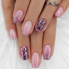 Hkanlre Square Medium Fake Sequins Nails Tips Bling Purple Press on Nails Full Cover Gradient False Nails for Women 24PCS