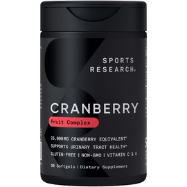 Sports Research Sports Research Cranberry Fruit Complex Supplement - Softgels for Urinary Tract Health Support - Equal to 25,000mg of Cranberries, Made with Pacran & Vitamins C & E - Non-GMO & Gluten Free - 90 Count