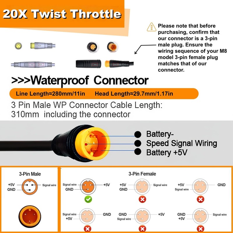EBike Full Twist Throttle, 3 Pin EBike Throttle Grip with