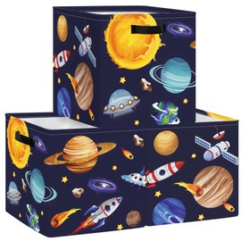 Clastyle Cosmic Space Kid Storage Cube Organizer Set Planets Stars Closet Clothes Cube Storage Bin Nursery Toddler Toy Box Chest Girl Boy Book Shelf Basket,Solar System,11.8x11.8x11.8 in