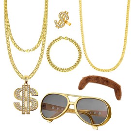 Men's 70s 80s 90s Costume 6 Pieces Costume, Golden Rapper Hip Hop Costume with Gold Ring Chains Sunglasses Men for Cosplay Carnival Fancy Dress Theme Party, Golden