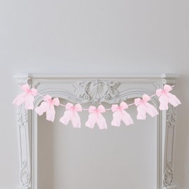 Pink Bow Garland Decor, Gauze Bow Banner Decorations for Coquette Birthday Bachelorette Engagement Baby Shower Wedding Party Decorations Supplies