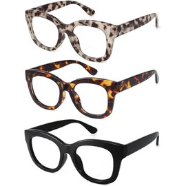 JiSoo 3 Pack Oversized Reading Glasses for Women Men 2.0, Stylish Designer Readers Women 2.0, Demi Gray+ Tortoise+Black