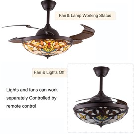 LIYUANJUN Retractable Ceiling Fan, 42 Inch Ceiling Fan with Light Remote Control 3 Speeds Dimmable LED Chandelier for Living Room Bedroom Hotel Retractable Blades Pure Copper Motor