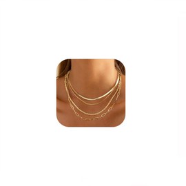 Layered Gold Necklaces for Women, 14K Gold Plated Stackable Necklace Set with Cuban Herringbone Rope Paperclip Chain, Dainty Trendy Jewelry Gift