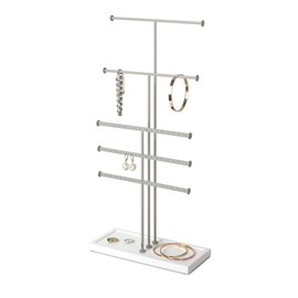 Umbra Trigem Tiered Tabletop Jewelry Organizer Freestanding Hanging Necklace, Earring and Bracelet Display, 5, White Gray