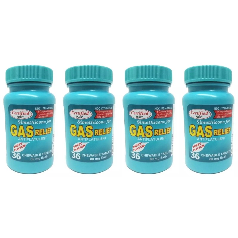 Certiifiedplus 4-PK Simethicone Gas Relief Chewable Tablets 80mg Anti-Gas Bloating